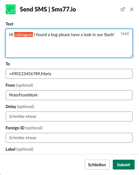 Eine SMS versenden mit unserer SMS App für Slack