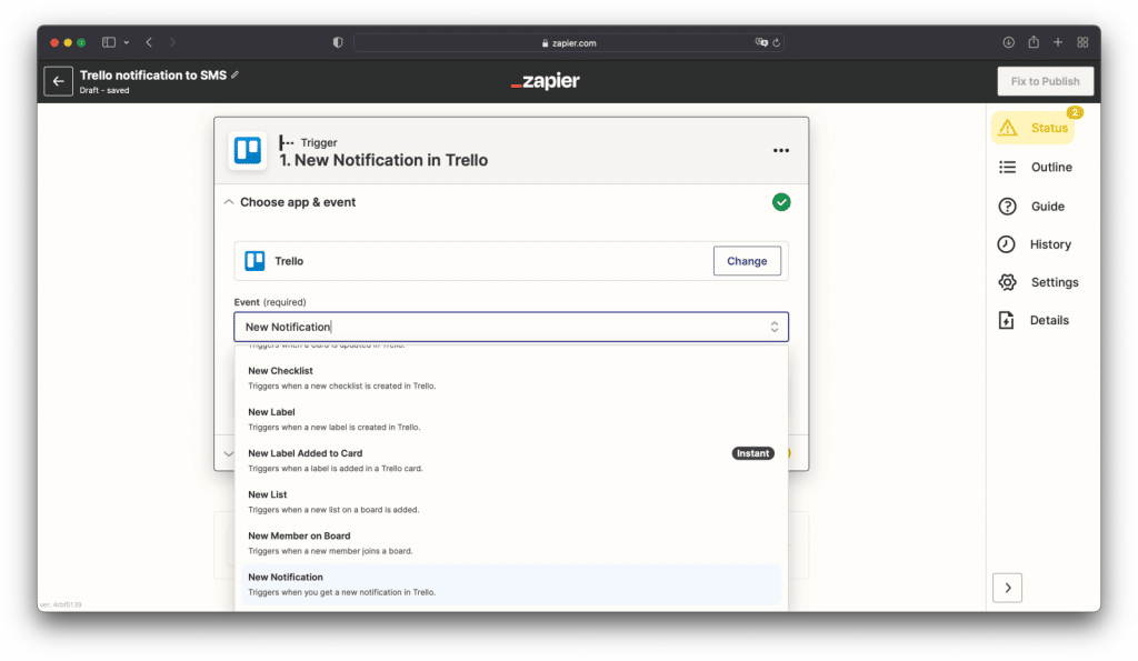 Trello connects with sms77 via Zapier, Step 1